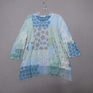 Jess & Jane Tunic Blue Floral Patchwork 3/4 Sleeve Art To Wear Chiffon Hem Boho